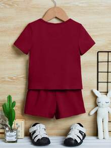 TaviRue 男婴夏季休闲拼色格子T恤和短裤套装 - 酒紅色 - 查看 3