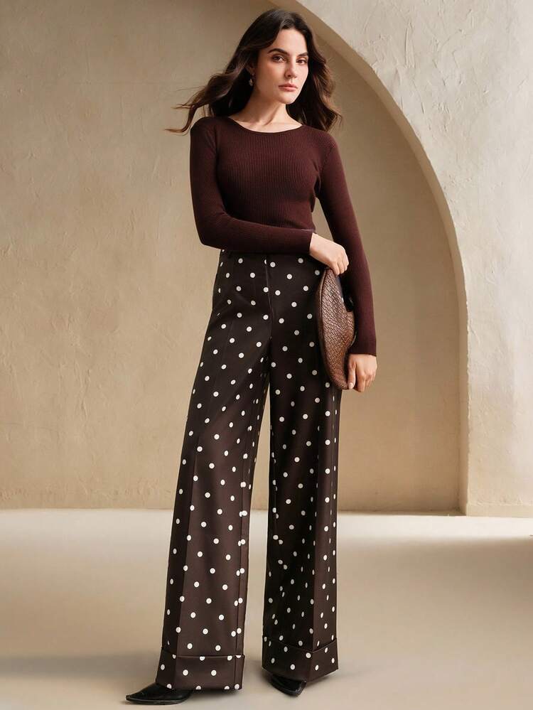 Anewsta Essential Urban Commuter Polka Dot High Waist Drape Casual Women's Suit Pants, Suitable For Spring, Summer, Festival, Holiday, Vacation, Elegant, Business Casual