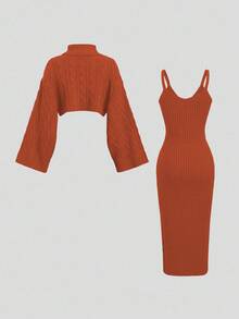 Sweetra Bộ 2 áo len dệt kim ấm áp thường ngày cho nữ và chân váy dài, áo crop top tay dài cổ cao dáng rộng và chân váy, thời trang Thu/Đông - trái cam - Xem 2