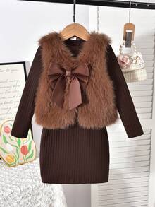 SHEIN Set Long Sleeve Girls Vintage Brown Bow Furry Vest And Turtleneck Colorblock Plaid Pleated Dress, Sweet & Cute Daily, Party - Multicolor - View 8