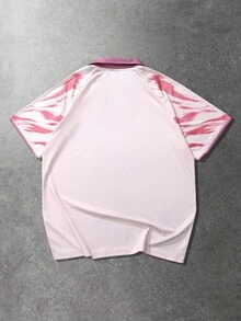 ROMWE MEN Prep Áo thun Polo nam, Áo thun Polo tay ngắn in họa tiết hoa anh đào và chữ tiếng Anh thể thao thường ngày - Hồng - Xem 2