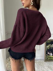 SHEIN Essnce Women's Casual Solid Color Drop Shoulder Sweater, Autumn/Winter, Fall - Red Violet - View 2