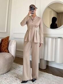 Siren Gaze 2 件套女士商务休闲办公/通勤装，适合教师 - 杏色 - 查看 4