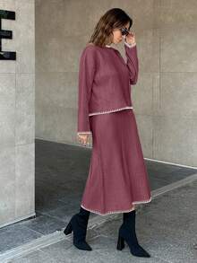 EURMUSE Women Solid Color Rib Knit Handmade Stitch Detailed Sweater & Sweater Skirt Set - Dusty Pink - View 5