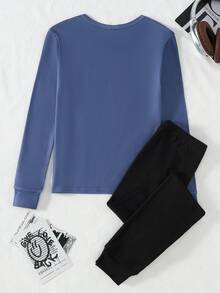 2件套男童酷炫图案印花长袖上衣和黑色紧身裤家居服套装 - 彩色 - 查看 2