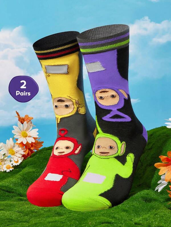 Teletubbies X SHEIN 2Pairs Soft & Breathable Moisture-Wicking Casual Men Mid-Calf Socks With Cartoon Pattern Fashionable Cute Grey & Black Crew Socks Reinforced Toe & Heel For Durability Unisex Women All Season All-Match Summer Winter
