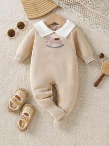 SHEIN Baby Boy Casual Rocking Horse Pattern Lapel Long Sleeve Sweater Romper, Autumn/Winter Baby Knitted Outfit Neutral Baby Clothes Baby Layette Goose Baby Outfit Baby Boy Beige Outfit Baby Romper With Rocking Horse - Multicolor - View 6