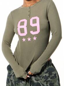 SUMWON WOMEN Varsity Number Henley Long Sleeve Crop Top With Button Placket Detail - Green - View 7