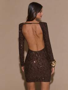 SHEIN BAE Autumn/Winter Women's Cocktail Party Nightclub Outfit Brown Round Neck Long Sleeve Backless Tie-Up Sequin Embellished Glamorous Mini Dress, Suitable For Cocktail Parties, Romantic Dates, Autumn/Winter Layering, Gatherings, Parties, Sequin Dress,Brown Dress,Dresses For Women Elegant,Valentine's Day,Valentine Outfits For Women - Brown - View 2