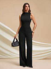 SHEIN Tall Bộ đồ liền thân không tay nhún bèo thanh lịch, màu đen trơn, gợi cảm và duyên dáng, thích hợp mặc hàng ngày, hẹn hò, đi chơi, tiệc tùng, trang phục đi chơi, bộ đồ liền thân ống rộng bất đối xứng, thích hợp mặc ngày lễ tình nhân, mặc hàng ngày, cỡ cao, dài hơn - màu đen - Xem 4