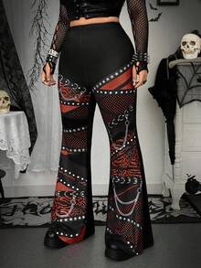Flirla Plus Size Punk Digital Print Fashion Pants - Coffee Brown - View 4