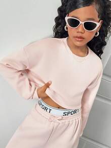 SHEIN Tween Girls Pastel Pink Autumn Cow Boy School Back-To-School Casual Loose Drop Shoulder Sweatshirt & Pleated Letter Waistband Sweatpants 2 Piece Set - Baby Pink - View 5