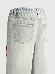 SHEIN ChillGRL Tween Girl Light Blue Jeans, Cute Back-To-School Summer School Loose Fit Straight Leg Baggy Jeans With Red Bowknot Embroidered Y2k Pants - Blue - View 3