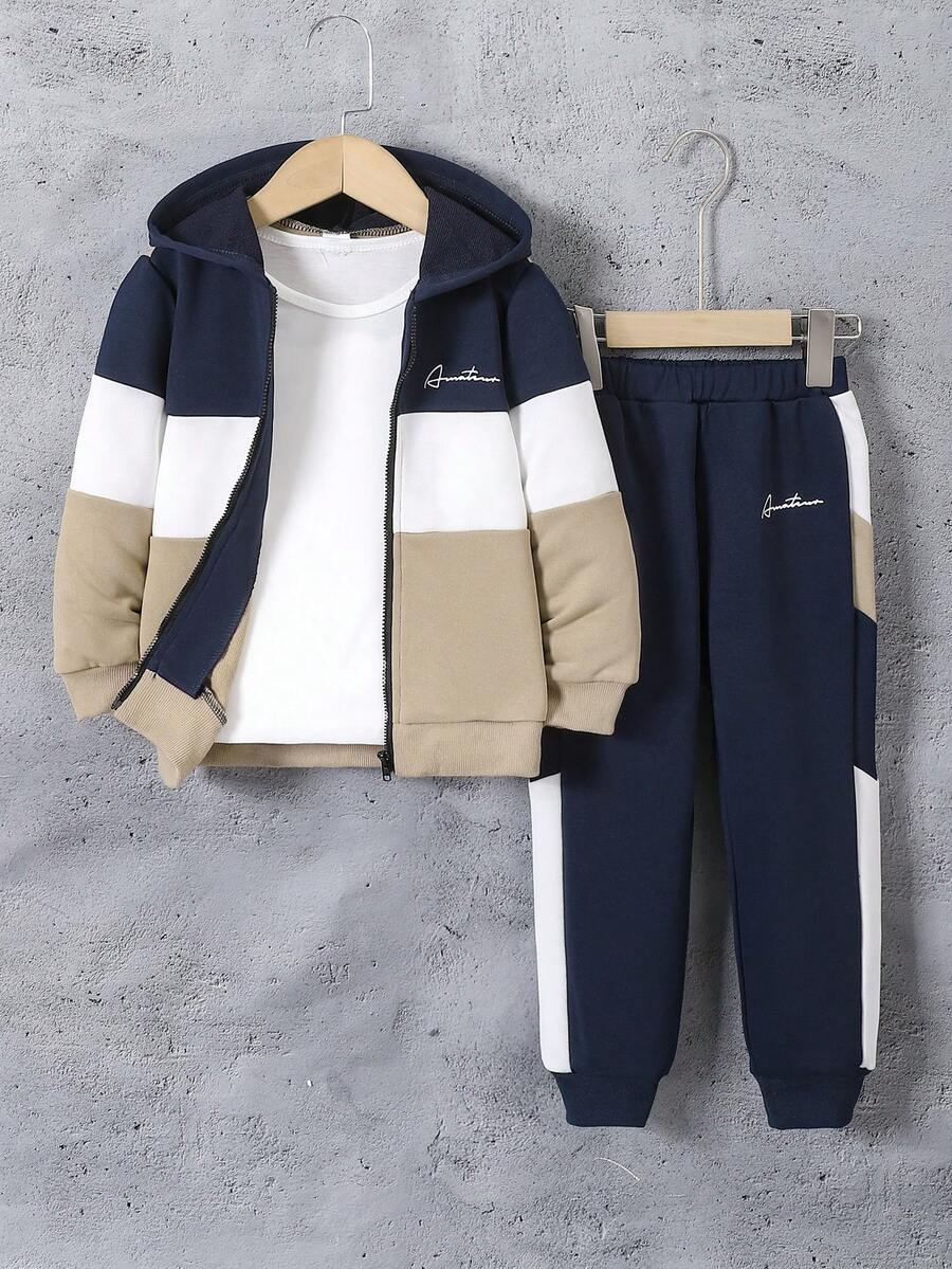 SHEIN Young Boy Collegiate Style Color Block Zip-Up Hoodie Set, Spring/Autumn - Multicolor - View 1