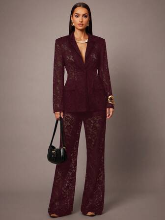 Silquee Women's Solid Color Lace Patchwork Minimalist Daily Wear Suit Pants