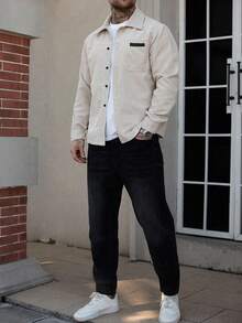 Manfinity Homme Men's Shirt Jacket, Men's Front Button Long-Sleeved Pocket Simple Shirt Jacket, Casual Daily Wear, Men's Jacket, Men's Shirt Jacket, Autumn And Winter Men's Jacket, Boyfriend Gift, Go Out Warm Long-Sleeved Casual Corduroy Flannel Jacket Men Shacket Men Shirts Streetwear Streetwear Men Shirts Work Shirt Men Beige Men Shirt Overshirt Men Beige Shirt For Men Beige Men Western Shirts