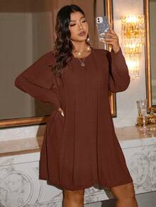 SHEIN LUNE Abito casual lavorato a maglia con motivo a trecce, scollo tondo, maniche lunghe, adatto per autunno/inverno, taglie comode - Caffè Marrone - Visualizzare 3