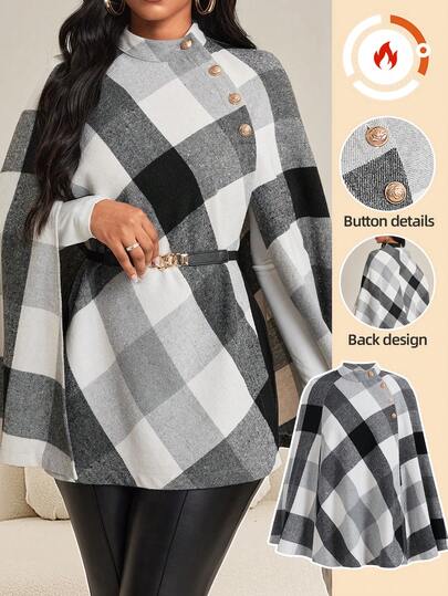 SHEIN Lady 秋冬季女士优雅休闲外出派对婚礼黑白灰编织立领披肩袖金色纽扣女式冬季外套感恩节女式正装优雅时尚系列女式冬季大衣