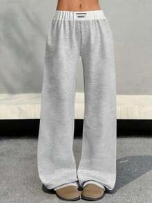 SHEIN 少女返校季学院风运动宽松休闲简约舒适中腰拼色腰带阔腿裤，适合街头、大学、运动、居家穿着 - 灰色 - 查看 1