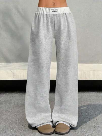 SHEIN Teen Girls Back To School, College Sport Loose Casual Simple Comfy Midrise Colorblock Waistband Wide Leg Pants, Suitable For Street, College, Sports, Home