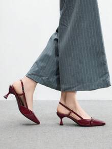 CUCCOO BIZCHIC 尖头小猫跟时尚勃艮第酒红色日常百搭通勤女士高跟鞋带踝带，适合工作、购物、办公室 - 酒紅色 - 查看 5