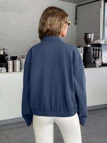 EURMUSE Women's Cropped Bomber Jacket With Elastic Hem And Minimalist Design, Stylish And Versatile Outerwea - Blue - View 2