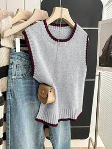 Franclia 女式休闲宽松圆领无袖针织撞色饰边卡其色毛衣上衣，春秋季 - 淺灰色 - 查看 4