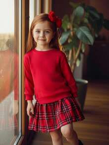 SHEIN Young Girls' Red Plaid Skirt Set,Long Sleeve Sweatshirt Dress,Winter Princess Outfit For Birthday & Back-To-School,Autumn Two Piece Kids Clothes Set - Red - View 5