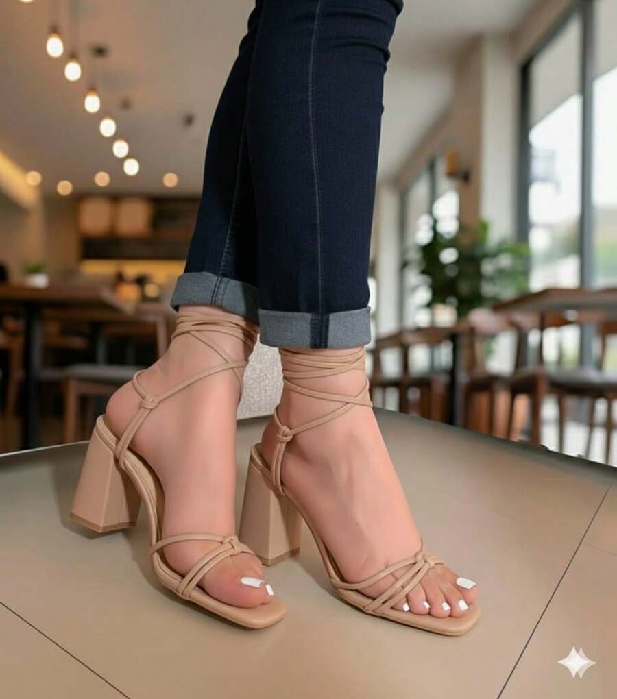 Sandalias negras de tacón grueso con punta cuadrada y cordones para mujer Elegantes sandalias negras de tiras con tacón de bloque y lazo en el tobillo Elegantes sandalias de tacón con cordones y punta cuadrada abierta para mujer - Beis - Ver 1