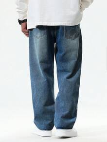 Manfinity Hypemode 寬鬆版型男士直筒牛仔褲 - 中等水洗藍 - 查看 2