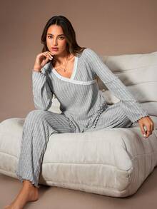 Lazeform 女士针织休闲V领撞色纽扣装饰V领长袖上衣和裤子睡衣套装，女士家居服套装，针织睡衣两件套，女士针织家居服，秋冬服装 - 彩色 - 查看 5