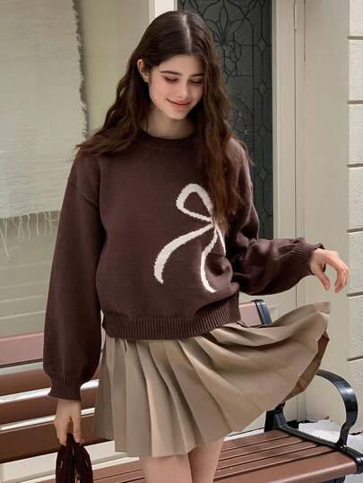 Dazy Kids Teen Girl Crew Neck Drop Shoulder Long Sleeve Casual Bow Jacquard Loose Fit Pullover Sweater