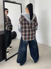 POPSWAY Felpa con cappuccio oversize in stile patchwork a quadri, manica lunga, autunnale - Multicolore - Visualizzare 3