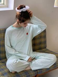 DAZY Ropa de estar en casa informal con cuello redondo y mangas largas a rayas para adolescentes - Verde - Ver 2