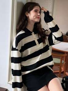 Dazy Kids 少女条纹纽扣运动衫 - 黑與白 - 查看 4