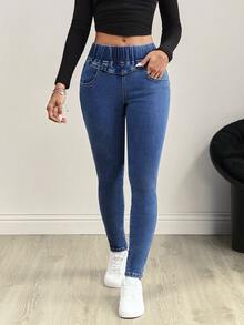 Flexra 中腰松紧腰拼接弹力紧身牛仔裤 - 深色水洗藍 - 查看 3