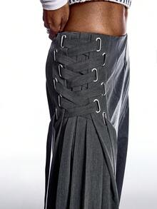 LYSMO Neuheit Herbst/Winter 2025: Minimalistischer Damen-Rock Einfarbig, Schnürung, Faltenrock, Vintage-Stil, weites Bein, grauer Rock, langer Wickelrock, Binderock, Faltenrock