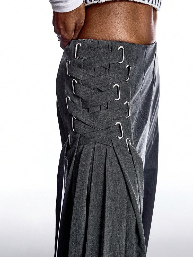 LYSMO Pantaloni vintage a vita alta a pieghe con lacci, di colore unito, da donna