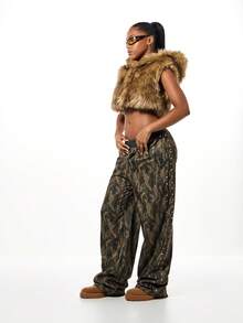 SUMWON WOMEN 女士宽松运动裤，迷彩印花，金属铆钉装饰，休闲街头风长裤 - 棕色 - 查看 3