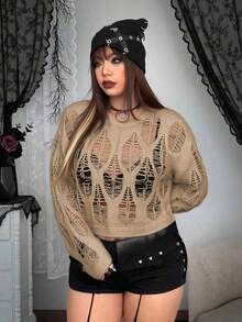 Whyspr 加大码朋克风格圆领镂空破洞套头毛衣，休闲落肩针织上衣 - 卡其色 - 查看 3