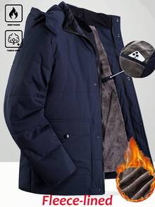 Manfinity Homme 男士秋冬时尚口袋保暖加厚羽绒服，可拆卸帽子，休闲宽松绗缝外套，藏蓝色，商务休闲两相宜，男士保暖加厚羽绒服，男士冬季外套，男士保暖加厚夹克，男士冬季派克大衣，男士连帽冬季外套，加厚羽绒服，男友/老公礼物，周年纪念礼物，男士休闲夹克，男士冬季外套，男士保暖外套 - 寶藍色 - 查看 3