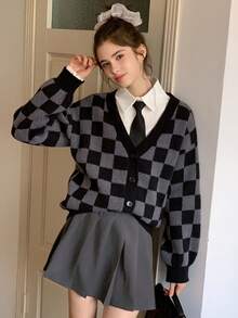 Dazy Kids 少女格纹落肩长袖休闲宽松针织开衫，秋冬 - 灰色 - 查看 6