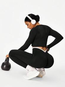 Easithlete 2 件女式黑色和卡其色 V 型腰紧身瑜伽裤，舒适弹力运动服 - 彩色 - 查看 6