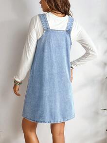 EMERY ROSE Women's V-Neck Sleeveless Casual Denim Bib Dress With Dual Pockets - Light Wash - View 2