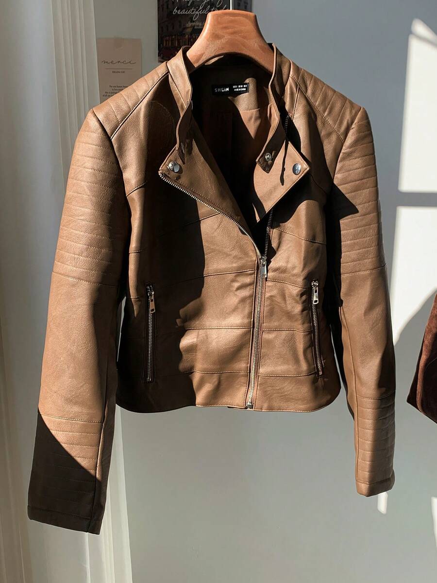 Comfortcana Autumn And Winter Women's Casual Brown Zipper Pu Motorcycle Jacket Coat - Brown - View 1