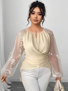 Elenzga Áo cánh thêu lưới chéo thanh lịch cỡ lớn cho nữ, trang phục công sở, mùa thu/đông - Màu be - Xem 3