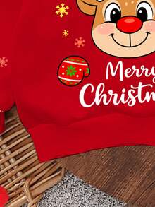 SHEIN Frohe Weihnachten, Lässig Minimalistischer Weihnachts-Pullover für Kleine Mädchen mit niedlichem Cartoon-Motiv des Rentiers mit roter Nase, buntem Polka-Punkt-Schneeflocken-Muster, in festlichem Rot, locker geschnittener Rundhals-Pullover aus bequemem Strick, geeignet für Herbst/Winter, passend für Weihnachten
