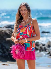 Sylviya 女士夏季V领露背打结休闲度假彩色印花吊带背心，度假 - 彩色 - 查看 3