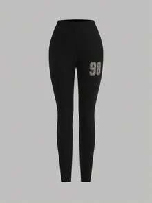 SHEIN Girlism Bộ 2 món áo nỉ cổ tròn in số 98 và quần legging thể thao thường ngày cho bé gái tuổi teen, bộ áo nỉ cổ tròn dài tay thoải mái và quần bó 2 món, phù hợp cho mùa thu/đông - Đen và trắng - Xem 9