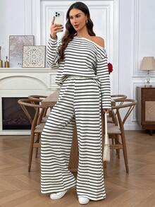 EMERY ROSE 女士条纹不对称肩长袖上衣和阔腿裤休闲宽松两件套 - 杏色 - 查看 3